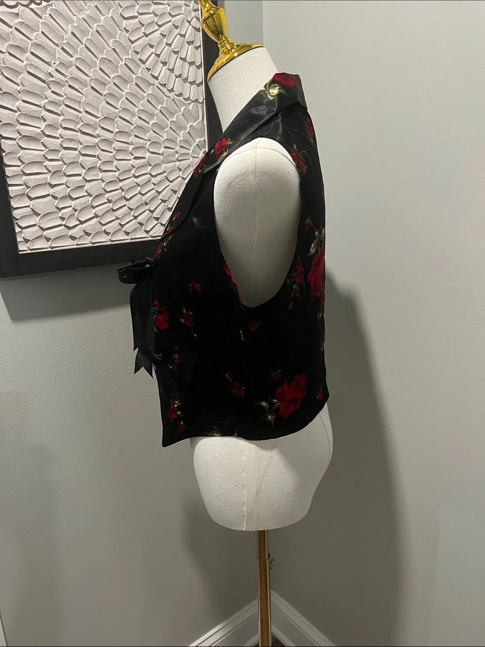 Black Satin Floral Tie-Front Vest with Red Roses